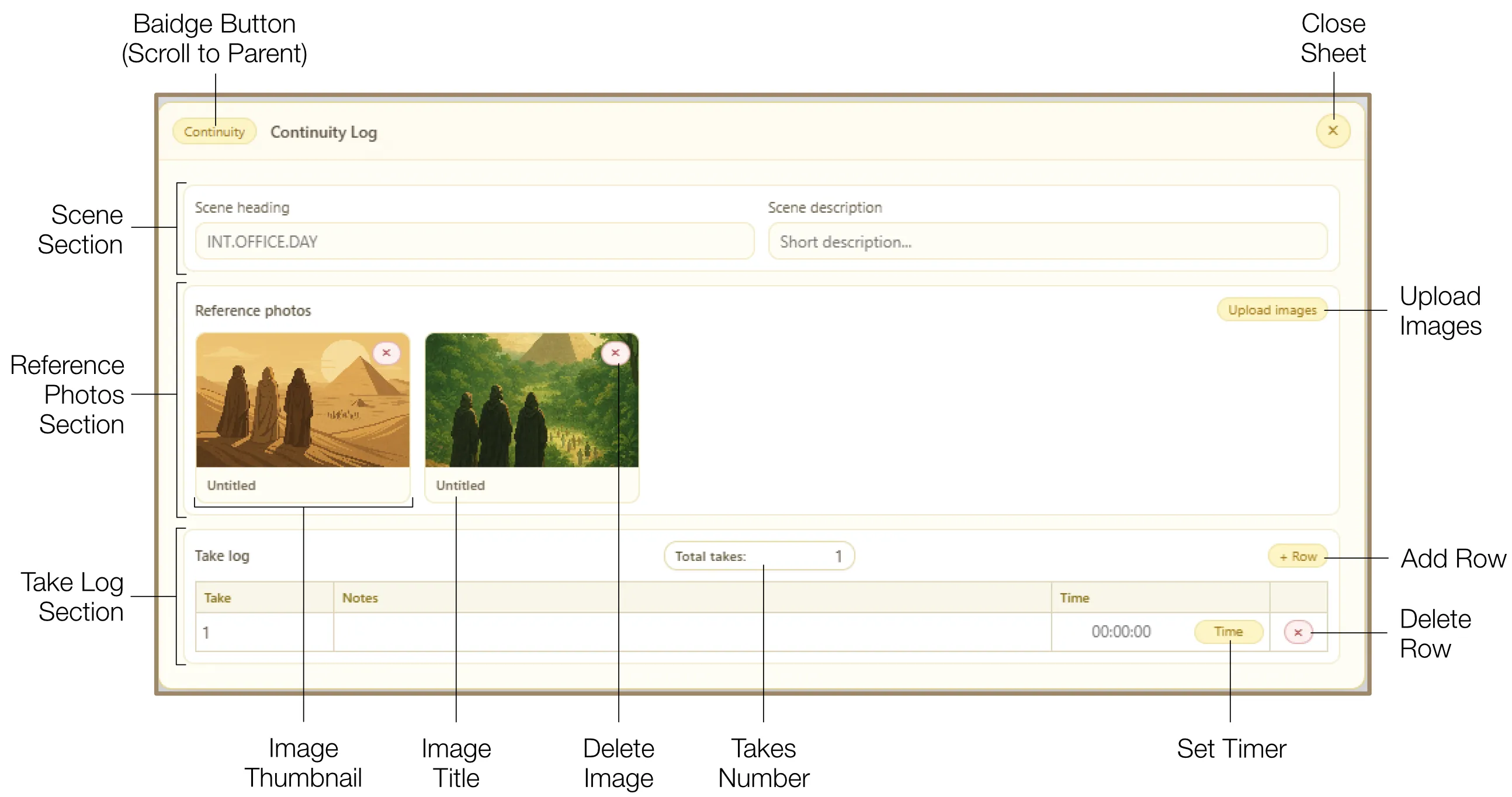 Continuity Log detailed view with image thumbnails and Take Log